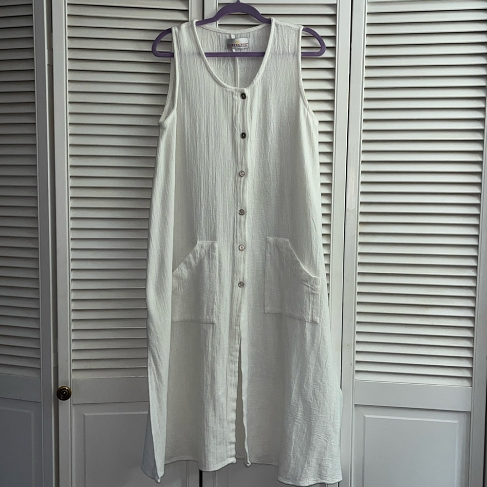 Beachy slub cotton sleeveless Midi dress with front pockets